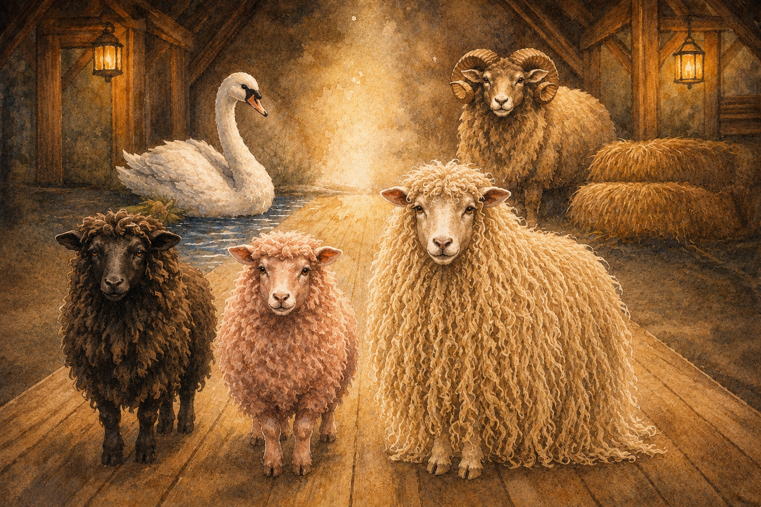 Cover of Wool & Thorn: An Inner Child Healing Fable, showing Pete the black sheep on a farm at dusk